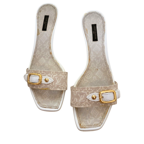 Louis Vuitton Vintage Monogram Sandals Kitten Heels White Leather Mules 9 39 - Picture 5 of 13